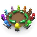 Group Of A Diverse And Colorful Group Of People Seated And Holding A Meeting About Running An Environmentally Friendly Company Around A Round Conference Table Clipart Illustration Image
