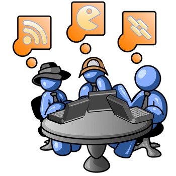 Three Blue Men Using Laptops in an Internet Cafe Clipart Illustration