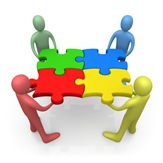 Team Of Diverse People Holding Up Connected Pieces To A Colorful Puzzle, Symbolizing Excellent Teamwork, Success And Link Exchanging Clipart Illustration Graphic
