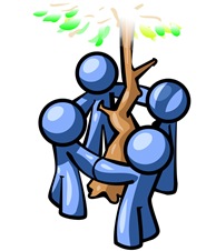 Group of 4 Blue Man Standing in a Circle Around a Tree Clipart Illustration