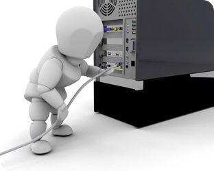 Clipart Illustration of a White Character Plugging In A White Cable To The Back Of A Computer Tower