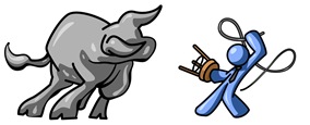 Blue Man Holding a Stool and Whip While Taming a Bull, Bull Market Clipart Illustration