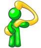 Lime Green Man Carrying A Large Yellow Quation Mark Over His Shoulder, Symbolizing Curiousity, Uncertainty Or Confusion Clipart Illustration