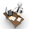 Clipart Illustration of a White Employee Seated At A Wooden Desk And Using A Laptop While Doing Paperwork At The Office