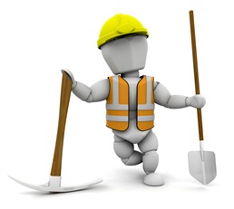 Clipart Illustration of a White Character Construction Worker Wearing A Hard Hat And Vest, Standing With A Pickaxe And Shovel