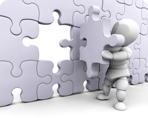 Clipart Illustration of a White Character Inserting The Final Jigsaw Puzzle Piece Into A Wall