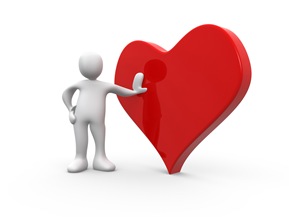 Clipart Illustration of a 3D White Person Leaning Against A Reflective Red Heart