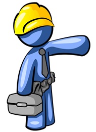 Clipart Illustration of a Blue Man, A Construction Worker, Handyman Or Electrician, Wearing A Yellow Hardhat And Tool Belt And Carrying A Metal Toolbox While Pointing To The Right