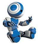 Blue And White Robot Sitting And Looking At His Own Hands In Amazement Glossy Robot Inspecting Himself