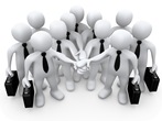 Clipart Illustration of a Group Of White Business People Carrying Briefcases And Standing With Their Hands Piled, Symbolizing Teamwork, Cooperation, Support, Unity And Goals