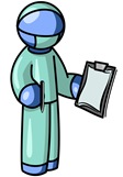 Blue Surgeon Man in Green Scrubs, Holding a Pen and Clipboard Clipart Illustration