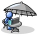 Traveling Blue Business Man Sitting Under an Umbrella at a Table Using a Laptop Computer Clipart Illustration