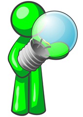 Lime Green Man Holding A Glass Electric Lightbulb, Symbolizing Utilities Or Ideas Clipart Illustration