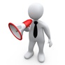 Clipart Illustration of a White Businessman Speaking Through A Red And White Megaphone, Symbolizing Attention And Announcements