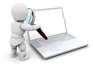 Clipart Illustration of a White Character Inspecting A Laptop Computer With A Magnifying Glass, Over White