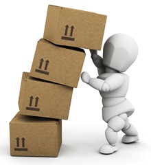 Clipart Illustration of a White Character Straightening Leaning Boxes Of Cardboard Shipping Boxes