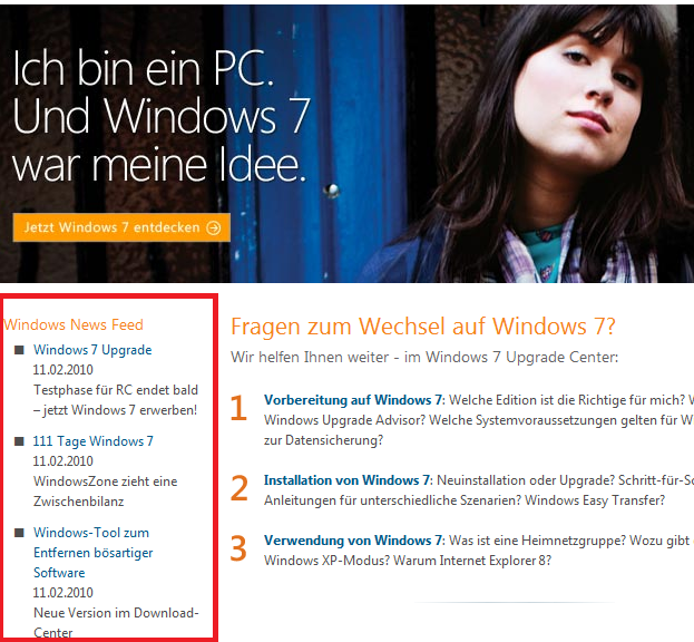 RSS-Konfigurator auf Windows 7 Startseite