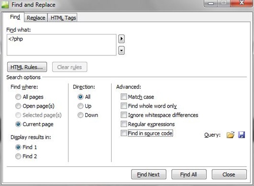 Find and Replace dialog box in Expression Web