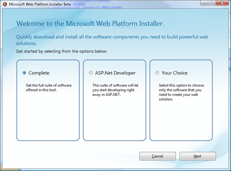 first screen in the Microsoft Web Platform Installer Beta dialog box