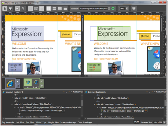 SuperPreview in horizontal Side-by-Side mode showing the DOM tree