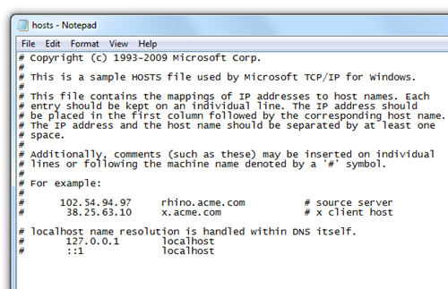 system host's file in Notepad