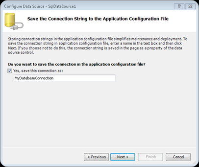 Configure Data Source dialog in Expression Web 3