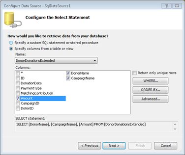 Configure the Select Statement screen in Expression Web 3