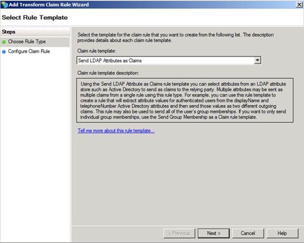 Figure 1 – Selecting a claim rule template to extract from AD
