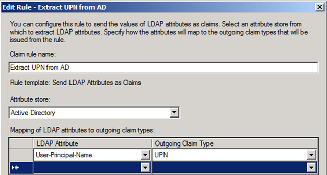 Figure 2 – Configuring the Claim Rule to extract UPN from AD