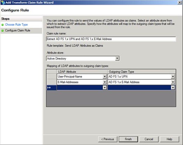 Figure 7 – Configuring a rule to extract AD FS 1.x claims from AD