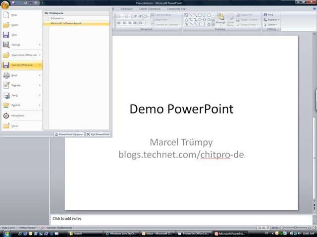 Screenshot PowerPoint Add-In für OfficeLiveWorkspace Abspeicherung direkt aus OFFICE