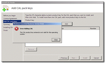 Error Adding CAL. The CAL product key entered is not valid for the operating system.