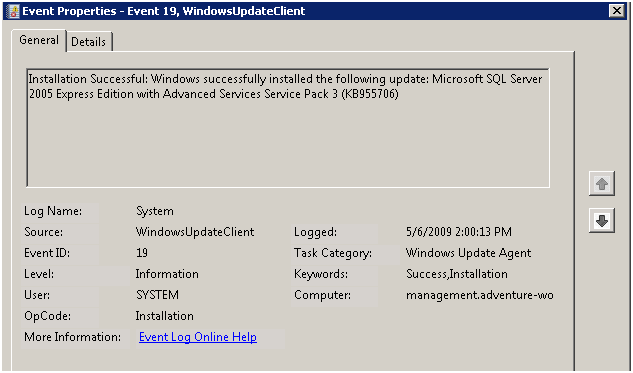 Installation Successful: Windows successfully installed the following update: Microsoft SQL Server 2005 Express Edition with Advanced Services Service Pack 3 (KB955706)