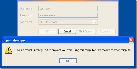 XP - Your account is configured to prevent you from using this computer. Please try another computer.