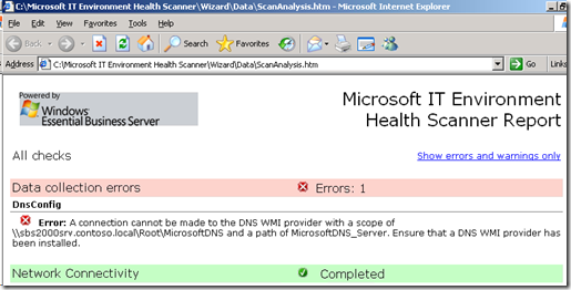 Data collection errors DnsConfig A connection cannot be made to the DNS WMI provider with a scope of \\sbs2000srv.contoso.local\Root\MicrosoftDNS and a path of MicrosoftDNS_Server. Ensure that a DNS WMI provider has been installed.