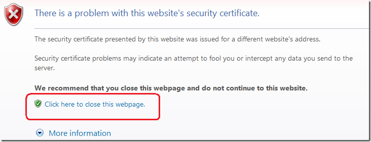 IE7 bad certificate page with prevent ignoring certificate errors enabled