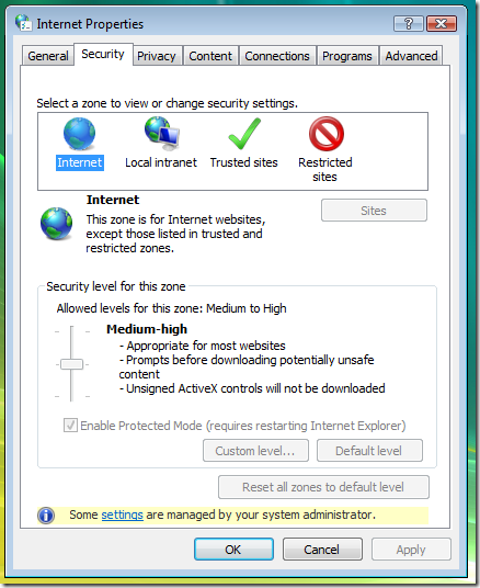 Internet Properties dialog, security tab, locked-down