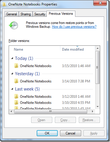 Previous Versions feature in Windows 7