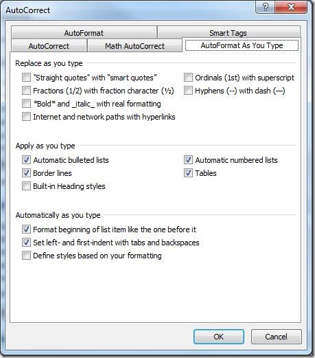 AutoFormat As You Type options