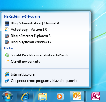 Seznam odkazů aplikace Internet Explorer 8