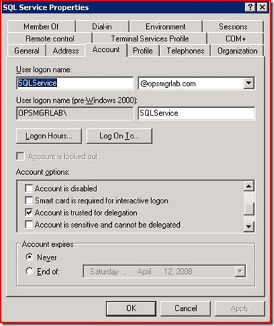 SQL Service Account Properies
