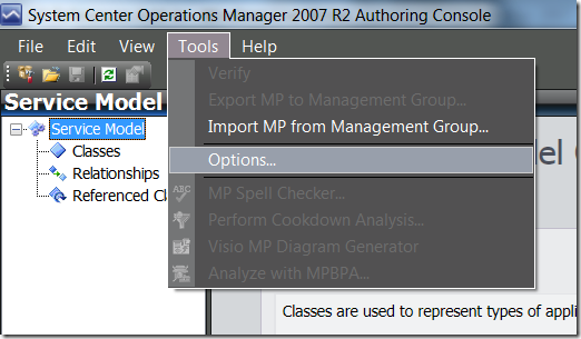 Partial screenshot of the Authoring Console with Tools menu open and Options... highlighted.