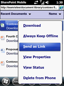 Captura de pantalla de la función de envío como vínculo en la interfaz de usuario de Mobile