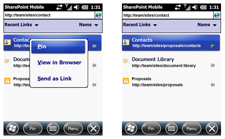 Pinning links screenshot on SharePoint Mobile