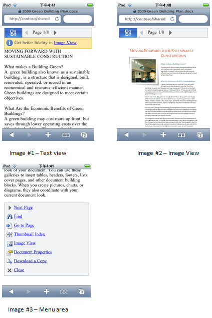 Capturas de pantalla de vista de texto, vista de móvil y área de menú 