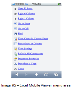 screenshot of Excel Mobile Viewer menu area
