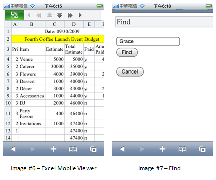 screenshots of Excel mobile viewer and find UI