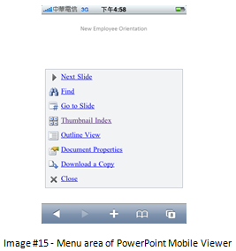 Captura de pantalla del área de menú del Visor de PowerPoint Mobile