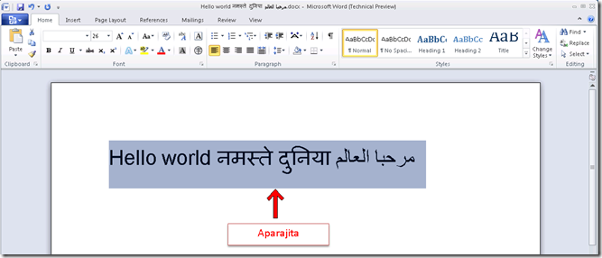 English, Hindi and Arabic text displayed using Aparajita