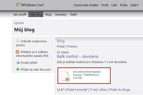 Odkaz na blogu ke stažení balíku motivu uloženého na Windows Live Skydrive.